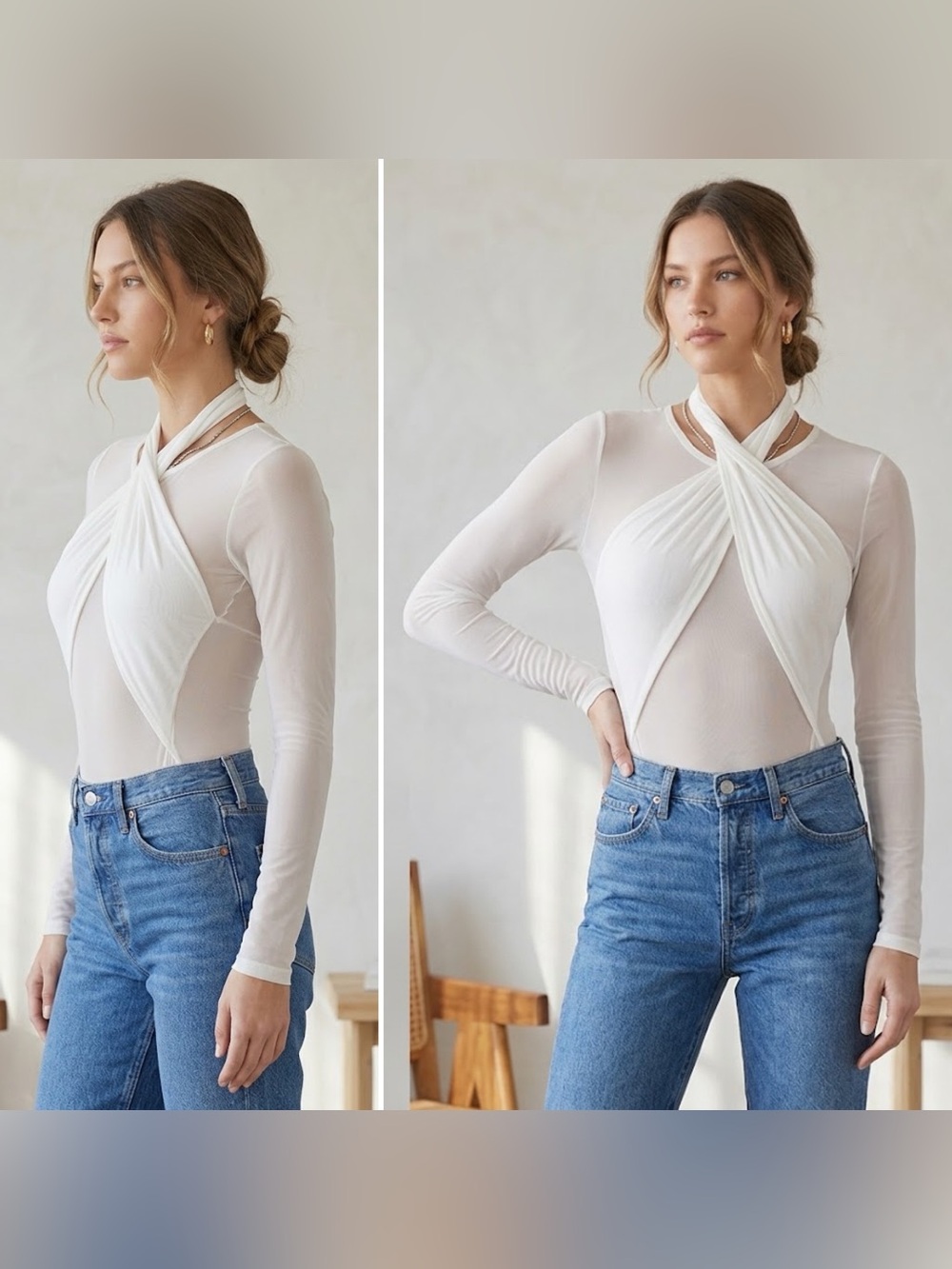 NEW LUX LA WHITE SEMI SHEER TWIST WRAP HALTER LONG SLEEVE BODYSUIT M ⚡️ STUNNING